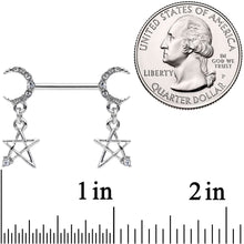 14G 9/16 Clear Gem Moon Star Dangle Barbell Nipple Ring Set