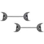 14G 9/16 Black Gem Skull Crescent Moon Barbell Nipple Ring Set