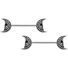 14G 9/16 Black Gem Skull Crescent Moon Barbell Nipple Ring Set