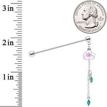 14G Clear Green Gem Flower Chain Dangle Industrial Barbell 38mm