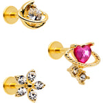 16G 5/16 Clear CZ Gem Gold Tone Moon Labret Tragus Set of 3