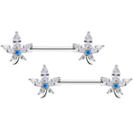 14G 9/16 Clear Blue CZ Gem Marijuana Leaf Barbell Nipple Ring Set