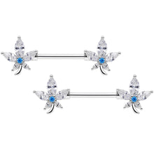 14G 9/16 Clear Blue CZ Gem Marijuana Leaf Barbell Nipple Ring Set