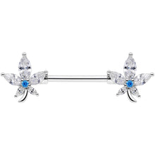 14G 9/16 Clear Blue CZ Gem Marijuana Leaf Barbell Nipple Ring Set