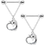 14G 5/8 Clear Gem Unicorn Heart Dangle Barbell Nipple Ring Set