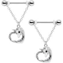 14G 5/8 Clear Gem Unicorn Heart Dangle Barbell Nipple Ring Set