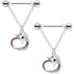 14G 5/8 Pink Gem Unicorn Heart Dangle Barbell Nipple Ring Set