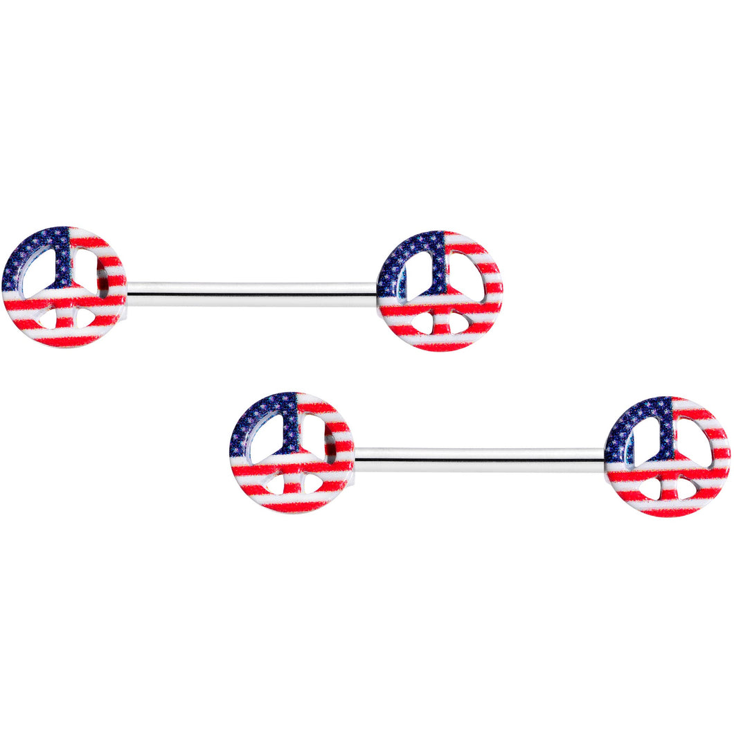 14G 9/16 USA American Flag Peace Sign Barbell Nipple Ring Set