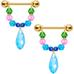 14G 5/8 Blue Pink Green Gem Gold Tone Drop Nipple Ring Set