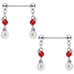 14G 5/8 Red White Ladybug Flower Dangle Barbell Nipple Ring Set