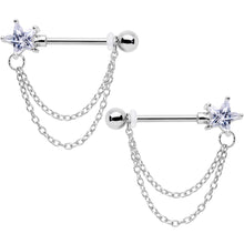 14G 5/8 Clear CZ Star Gem Chain Dangle Nipple Ring Set