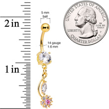 Clear Pink CZ Gem Gold Tone Twist Flower Dangle Belly Ring
