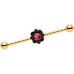 14G Pink Gem Gold Tone Flower Industrial Barbell 38mm