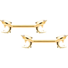 14G 9/16 Clear Gem Gold Tone Toothy Shark Barbell Nipple Ring Set