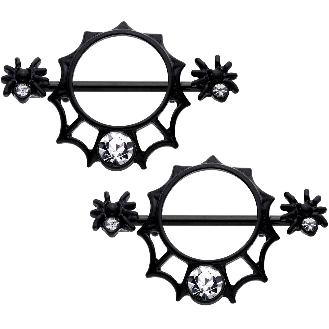 14G 9/16 Clear Gem Black Spider Web Nipple Shield Set