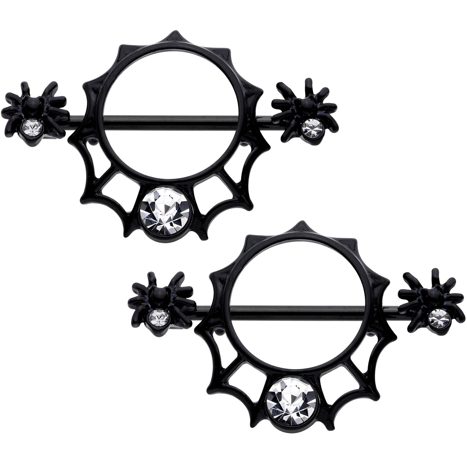 14G 9/16 Clear Gem Black Spider Web Nipple Shield Set