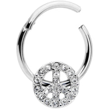 16G 3/8 Clear Gem Retro Peace Sign Hinged Segment Ring