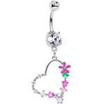 Clear CZ Gem Green White Faux Opal Flower Heart Dangle Belly Ring