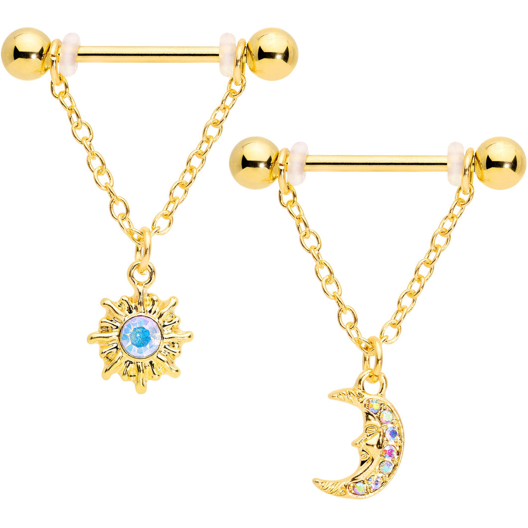 14G 5/8 Aurora Gem Gold Tone Sun Moon Dangle Nipple Ring Set