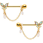 14G 5/8 Aurora Gem Gold Tone Butterfly Dangle Nipple Ring Set