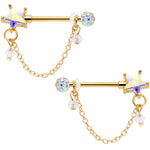 14G 5/8 Aurora Gem Gold Tone Star Chain Dangle Nipple Ring Set