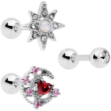 16G 1/4 Pink Red Clear CZ Gem Moon Star Cartilage Tragus Set of 3