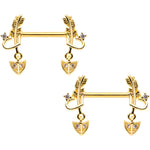 14G 9/16 Clear CZ Gem Gold Tone Love Feather Barbell Nipple Ring Set