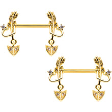 14G 9/16 Clear CZ Gem Gold Tone Love Feather Barbell Nipple Ring Set