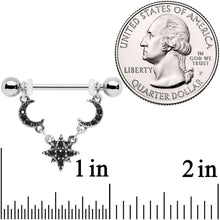 14G 9/16 Black Gem Crescent Moons Star Dangle Nipple Ring Set