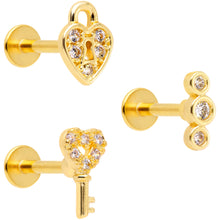 16G 5/16 Clear Gem Gold Tone Lock Key Labret Tragus Set of 3