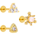 16G 5/16 Clear Gem Gold Tone Triangles Labret Tragus Set of 3