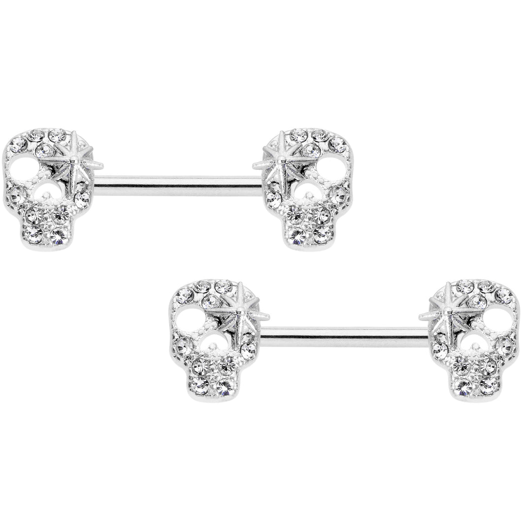 14G 9/16 Clear Gem Star Skull Barbell Nipple Ring Set