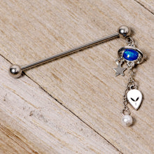 14G Blue Faux Opal Planet Alien Dangle Industrial Barbell 38mm