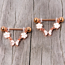 14G 5/8 Gold Tone White Flower Butterfly Dangle Nipple Ring Set