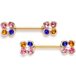 14G 9/16 Pink Blue Gem Gold Tone Flower Barbell Nipple Ring Set