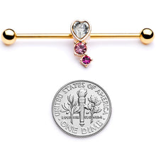 14G Clear Pink Red Gem Gold Tone Heart Industrial Barbell 38mm