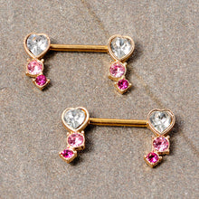 14G 9/16 Clear Pink Red Gem Heart Barbell Nipple Ring Set