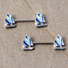 14G 9/16 Blue White Nautical Sailboat Barbell Nipple Ring Set