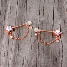 14G 5/8 Aurora Gem Rose Gold Tone Star Dangle Nipple Ring Set