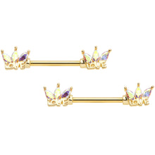 14G 9/16 Aurora Gem Gold Tone Crown Love Barbell Nipple Ring Set