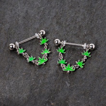 14G 5/8 Green Marijuana Pot Leaf Dangle Barbell Nipple Ring Set