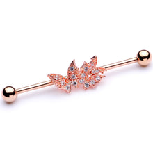 14G Clear CZ Gem Rose Gold Tone Butterflies Industrial Barbell 38mm
