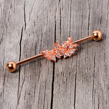 14G Clear CZ Gem Rose Gold Tone Butterflies Industrial Barbell 38mm
