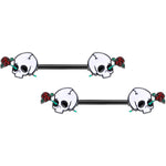 14G 9/16 Black PVD Rose Scary Skull Halloween Nipple Ring Set