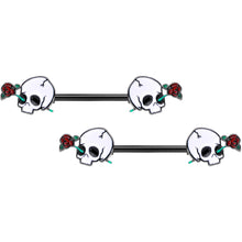 14G 9/16 Black PVD Rose Scary Skull Halloween Nipple Ring Set