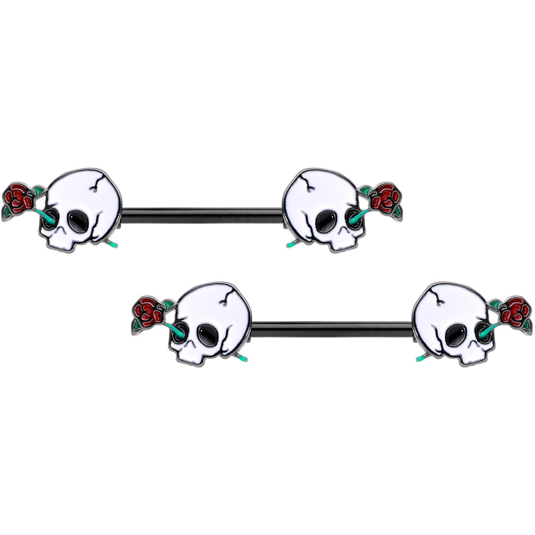 14G 9/16 Black PVD Rose Scary Skull Halloween Nipple Ring Set