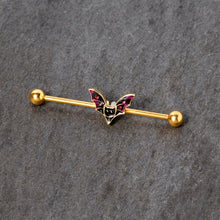 14G Pink Gem Gold Tone Vamp Bat Halloween Industrial Barbell 38mm