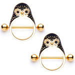 14G 9/16 Black Gem Gold Tone Barn Owl Nipple Shield Set