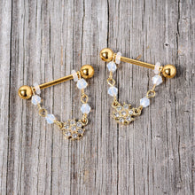 14G 5/8 Clear Gem Gold Tone Dainty Flower Dangle Nipple Ring Set