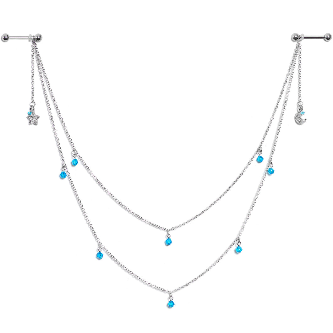 14G 5/8 Blue Gem Moon Star Double Dangle Nipple Chain